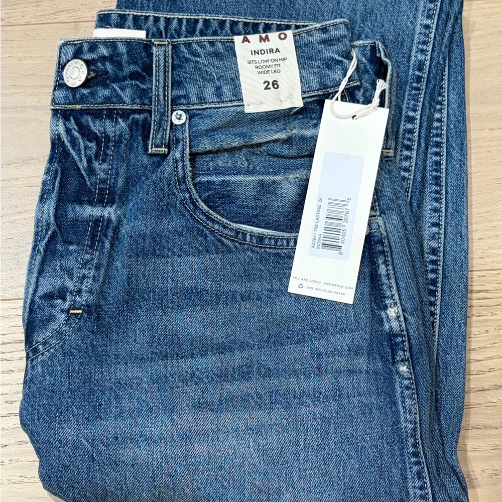 AMO Wide Leg Distressed Blue Jeans for Women - Picture 3 of 4
